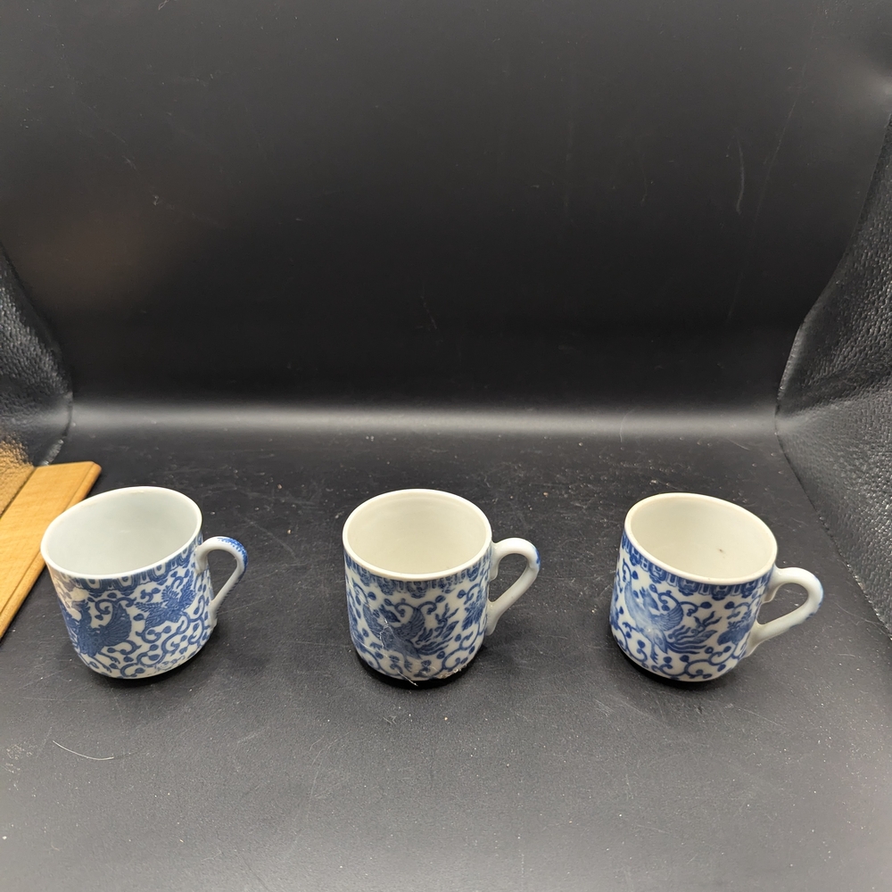 Set of 3 Japanese Mini Demitasse Tea Cups Phoenix Bird Flying Turkey Blue & Whit